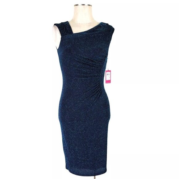 Vince Camuto Bodycon Dress Size 6 Black Aqua Asymmetrical Neck Sparkle Ruching - Picture 1 of 13